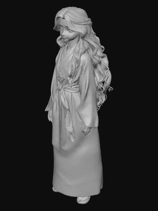 3D model for Create a VERY realistic 3D model of a 14-year-old human girl with natural Slavic features and calm presence. Average height, realistic body, soft posture. Her face is simple and pure: medium-sized gray-blue eyes, straight nose, gentle lips, light freckles. She is very beautiful.Hair is long, russet-blonde, slightly wavy, falling freely on her shoulders. Normal human ears. She stands barefoot, hands relaxed, expression thoughtful and kind.She wears a flowing robe inspired by aurora lights: gently layered pinks, blues, and purples with small star speckles. A soft glowing gem rests on her belt, like a fragment of her soul