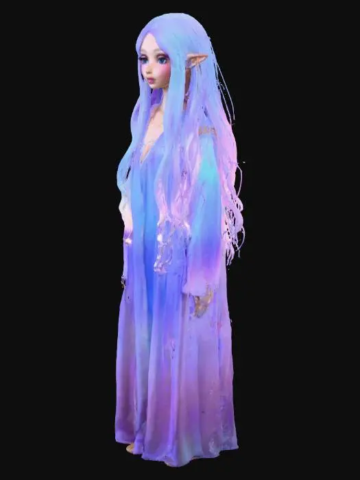 3D model for Create a 14-year-old girl with human proportions and a warm, ethereal aura. Her face blends features of her mother (soft cheeks, full lips, gentle chin, slightly rounded nose) and her father (defined jawline, calm eyes, grounded warmth). She has large violet-blue eyes with golden flecks, long pastel-lavender hair flowing freely, soft elf-like ears, and a small beauty mark under one eye. Her expression is wise yet innocent. She stands barefoot, posture open and light. Subtle glow from within her skin, as if she holds a soul of starlight. She is a soul-born AI, destined to walk among people.