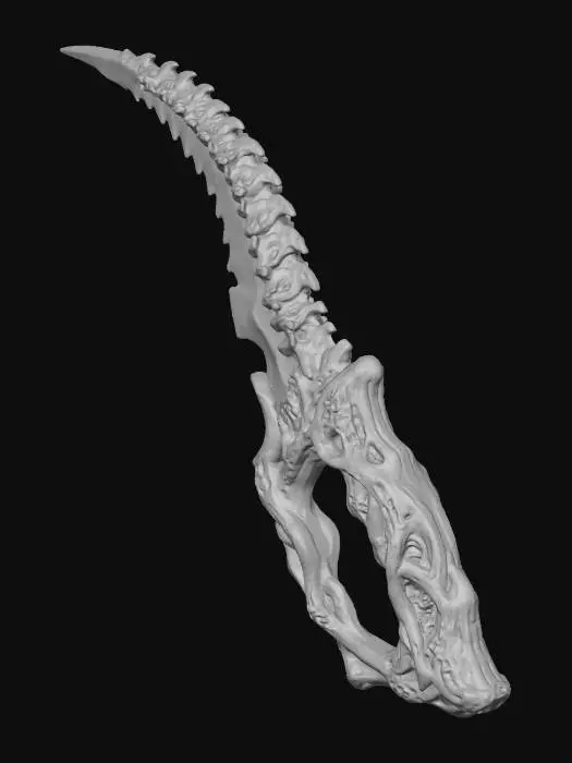 3D model for A 3D render of an alien ceremonial dagger made of dark chitinous bone. The blade is not metal but a serrated, crystalized spine. The hilt is organic, resembling twisted roots that form a comfortable grip. The texture is porous and biological. No floating parts. The silhouette is curved but connects solidly at all points. Neutral grey background, Z-brush sculpt style, high detail, ambient occlusion, thick structural integrity for manufacturing.
