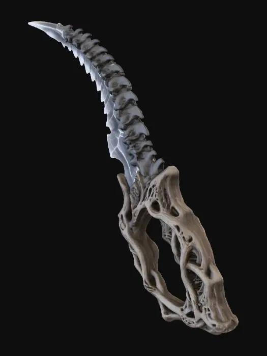 3D model for A 3D render of an alien ceremonial dagger made of dark chitinous bone. The blade is not metal but a serrated, crystalized spine. The hilt is organic, resembling twisted roots that form a comfortable grip. The texture is porous and biological. No floating parts. The silhouette is curved but connects solidly at all points. Neutral grey background, Z-brush sculpt style, high detail, ambient occlusion, thick structural integrity for manufacturing.