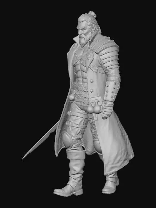 3D model for Witcher-inspired blood hunter character for a 3D model. Dark fantasy style with realistic proportions, much realism, and gritty detail (not cartoony). The character is an older man with a stern presence, a grey beard, and grey hair tied into a messy manbun. His bare chest is covered in ritual scars, visible beneath an open greatcoat that flows as he moves. Around his waist are multiple leather belts strapped with potions and vials. He wears armored pauldrons on his shoulders, long thighguards in a gambeson style, and dark leather trousers tucked into high boots. His hands are covered by armored gloves for battle. He wields a thin longsword etched with faint glyphs, held low and ready. Pose: gracefully stepping forward, sword drawn, prowling hunter’s stance, exuding menace and precision.