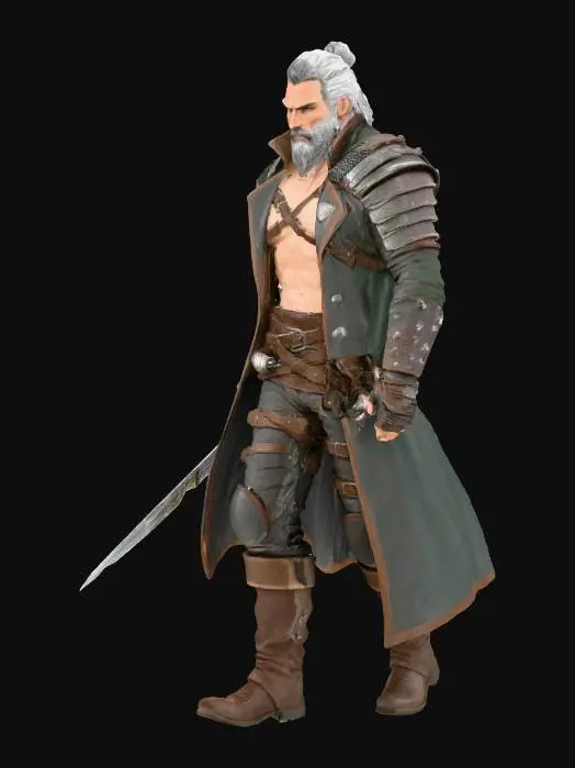 3D model for Witcher-inspired blood hunter character for a 3D model. Dark fantasy style with realistic proportions, much realism, and gritty detail (not cartoony). The character is an older man with a stern presence, a grey beard, and grey hair tied into a messy manbun. His bare chest is covered in ritual scars, visible beneath an open greatcoat that flows as he moves. Around his waist are multiple leather belts strapped with potions and vials. He wears armored pauldrons on his shoulders, long thighguards in a gambeson style, and dark leather trousers tucked into high boots. His hands are covered by armored gloves for battle. He wields a thin longsword etched with faint glyphs, held low and ready. Pose: gracefully stepping forward, sword drawn, prowling hunter’s stance, exuding menace and precision.