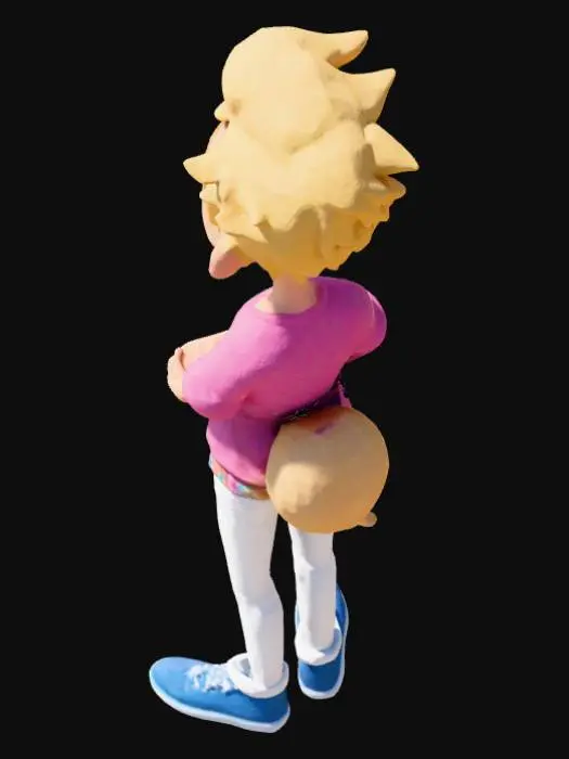 3D model for Cartoon. Man. Happy. Blond wavy hair, short at the back, long on top. Thin and tall. Wearing white jeans. A pink short sleeve shirt, tucked into the jeans. Blue trainers
