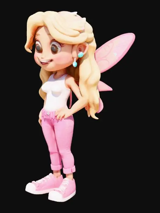 3D model for Cartoon. Girl. Long blond hair. Pretty. Wearing fairy wings. White top. Pink jeans. Smiling