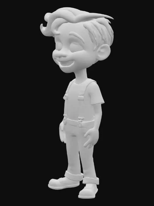 3D model for Cartoon man. Short scruffy brown hair. Blue t-shirt. Brown trousers. Braces. Smiling