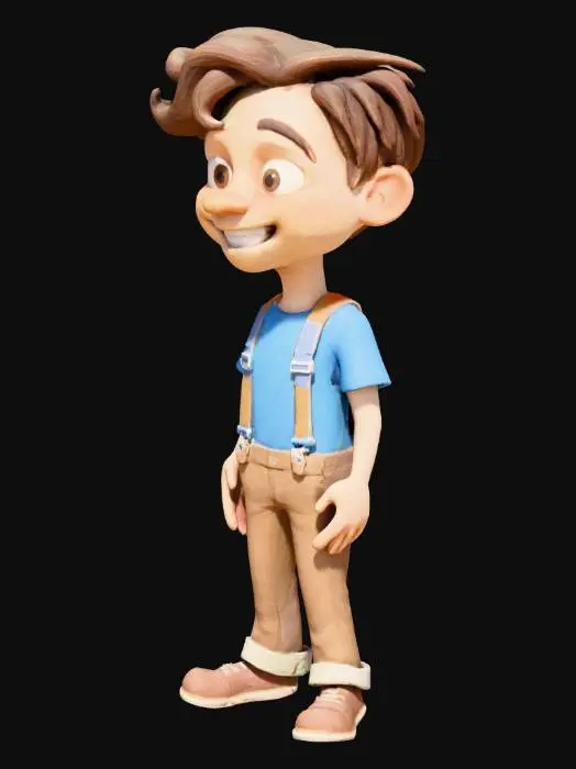 3D model for Cartoon man. Short scruffy brown hair. Blue t-shirt. Brown trousers. Braces. Smiling