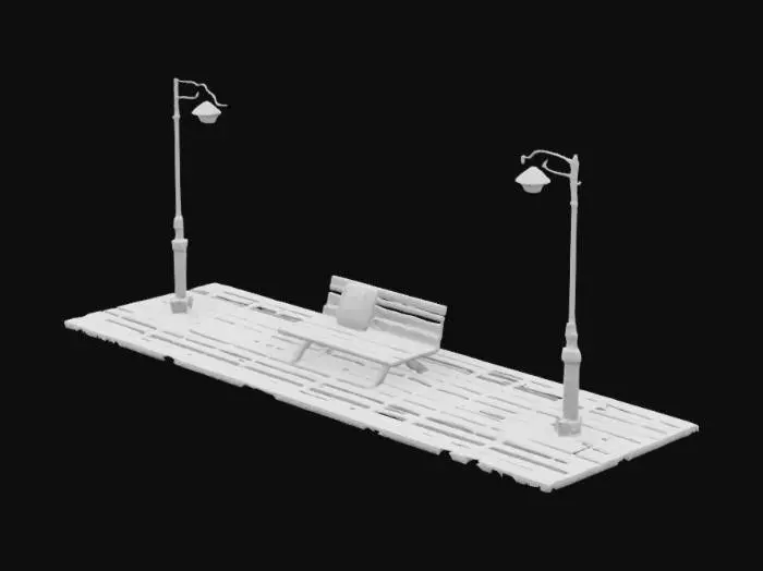 3D model for Create a detailed 3D model of an Indian railway platform during early sunrise. Include benches, fog effects, train tracks, old-style lamp posts, and a cardboard package placed on a bench. Scene should be realistic and ready for animation with proper texture lighting. No people. Export as .glb or .fbx.