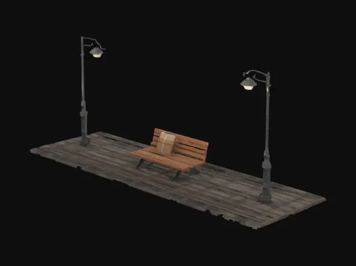 3D model for Create a detailed 3D model of an Indian railway platform during early sunrise. Include benches, fog effects, train tracks, old-style lamp posts, and a cardboard package placed on a bench. Scene should be realistic and ready for animation with proper texture lighting. No people. Export as .glb or .fbx.