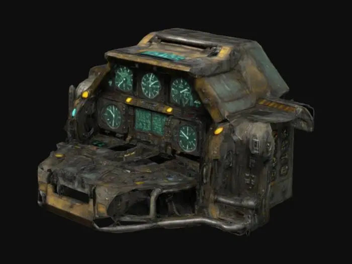 3D model for The object features a complex array of gauges, switches, levers and screens in a rugged, industrial cockpit layout, exhibiting a metallic and utilitarian texture, all of which is for piloting a mech, #ChronoForgeWeapon#