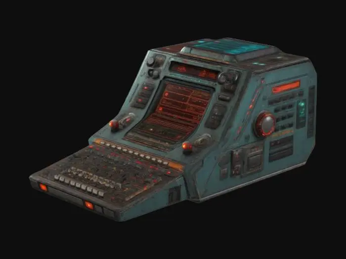 3D model for a vintage cyberdeck with buttons and interfaces. Sci-Fi, Industrial, Cyberpunk, Ultra Realistic.