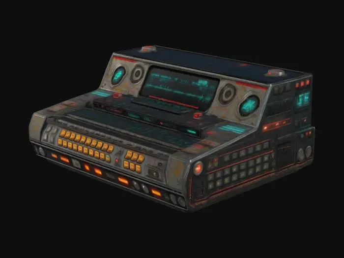 3D model for a vintage cyberdeck with buttons and interfaces. Sci-Fi, Industrial, Cyberpunk, Ultra Realistic.