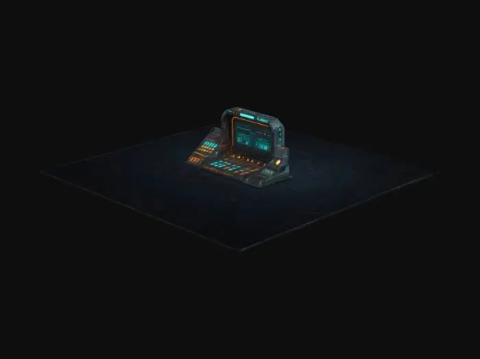 3D model for a retro-futuristic cyberdeck with buttons and interfaces. Sci-Fi, Industrial, Cyberpunk, Ultra Realistic.