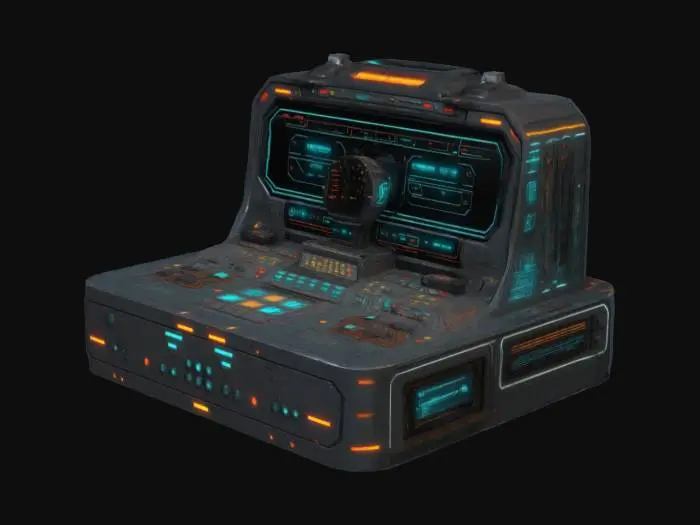 3D model for a retro-futuristic cyberdeck with buttons and interfaces. Sci-Fi, Industrial, Cyberpunk, Ultra Realistic.