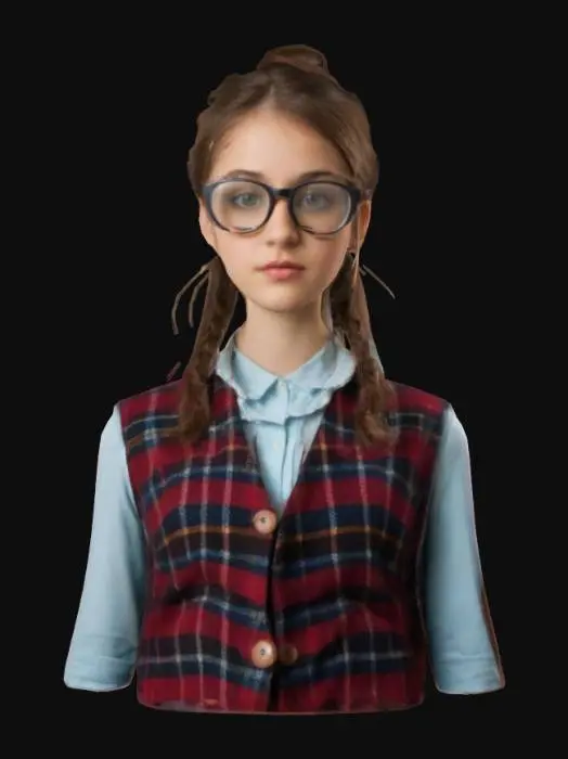 3D model for librarian, #women#, young pretty adult, plaid vest, round glasses