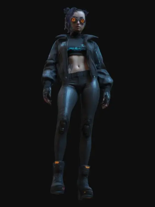 3D model for cyberpunk, #women#, hypersexy, wearing techwear jacket, feature on artstation, highly detailed, correct proportions, three eyes, full body
