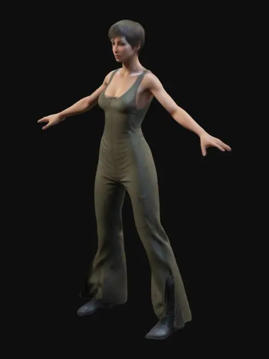 3D model for tall tank Woman with short hair , Game Assets, Highly Detailed, Ultra Realistic, Body, A-pose, Full Body, ARMS AWAY FROM THE BODY , detailed face , no hair , no fur , game , no gun , jumpsuit, detailed nose