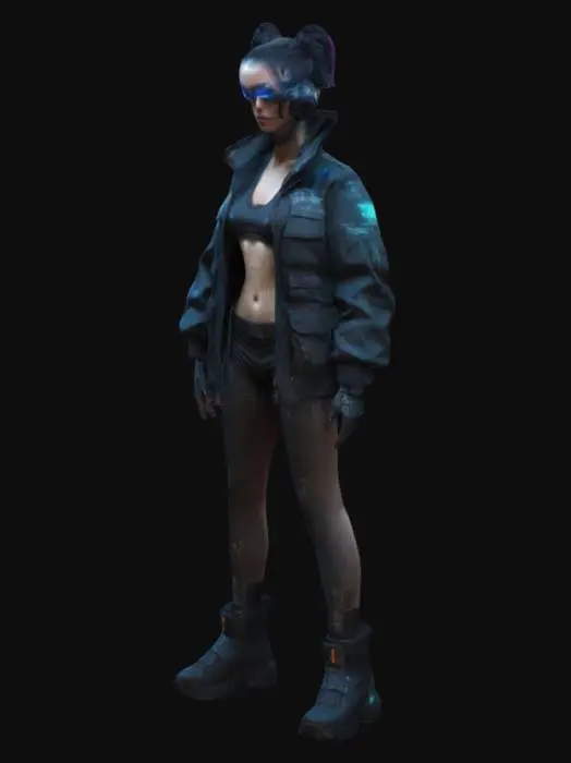 3D model for cyberpunk, #women#, hypersexy, wearing techwear jacket, feature on artstation, highly detailed, correct proportions, three eyes, full body