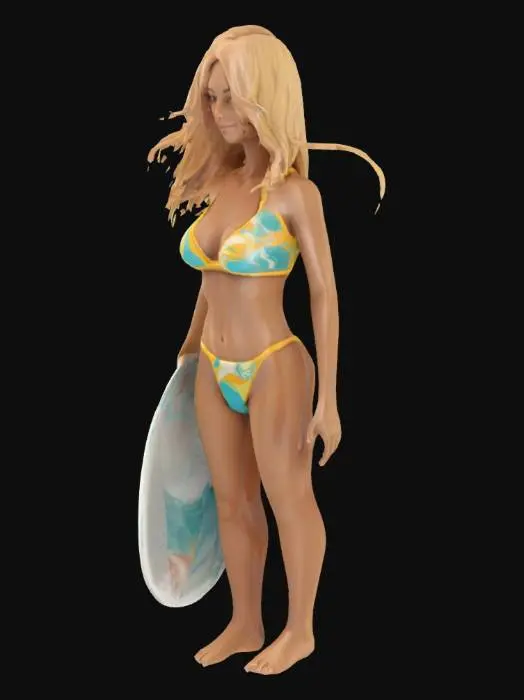 3D model for young attractive woman surfer on a wave, stylized, ready for 3d printing