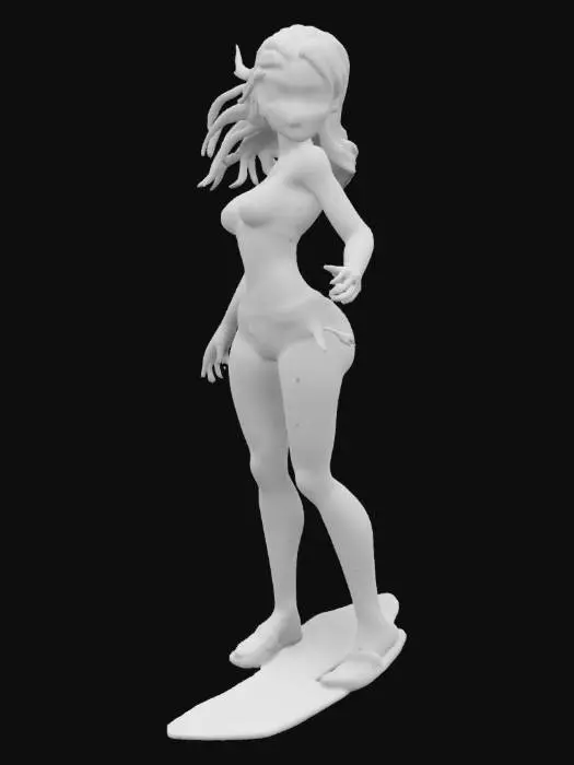 3D model for young attractive athletic woman surfer riding a wave, stylized, ready for 3d printing