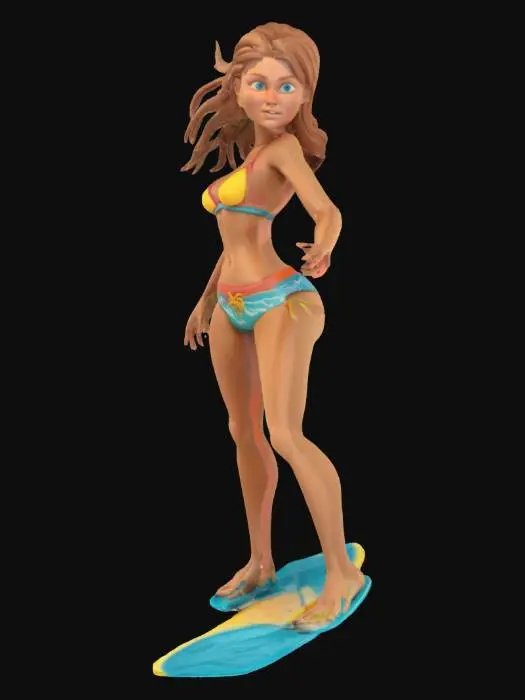 3D model for young attractive athletic woman surfer riding a wave, stylized, ready for 3d printing