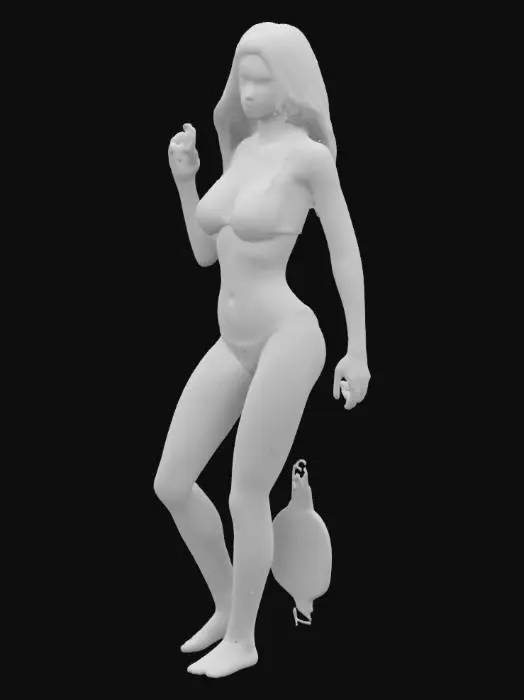 3D model for Create a female figure posed like a surfer, 20 years old, with height 160cm, bust 100cm, waist 60cm, hips 88cm, medium hair, wearing a bikini swimsuit, with finer mesh details on the face, hair, and fingers.