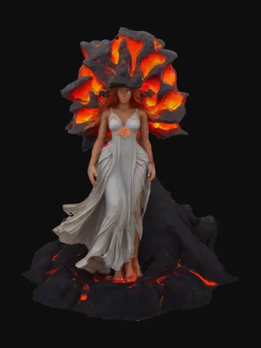 3D model for [Hawaii]  fantasy woman made from with glowing orange eyes, hair made from red and black lava rock, bursting out from a volcano, #AroundTheWorld#