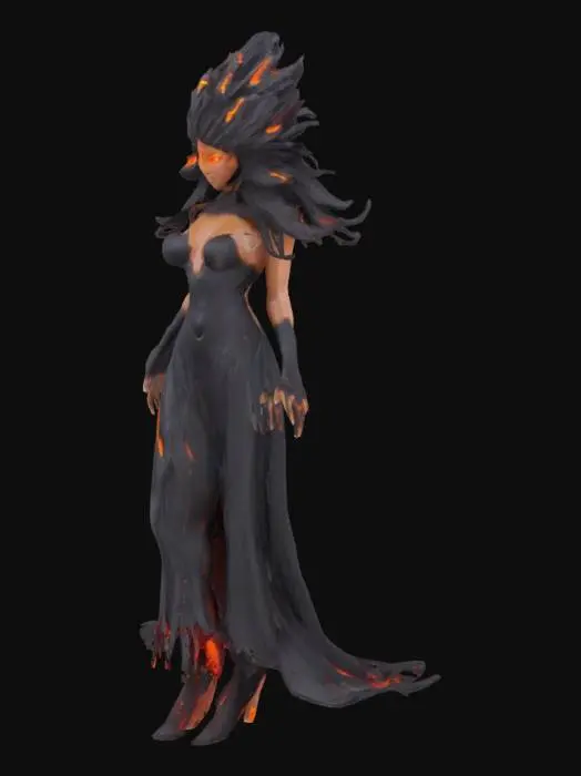 3D model for [Hawaii]  fantasy woman made from with glowing orange eyes, hair made from red and black lava rock, bursting out from a volcano, #AroundTheWorld#