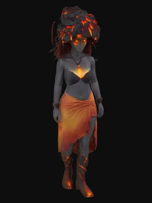3D model for [Hawaii]  fantasy woman made from with glowing orange eyes, hair made from red and black lava rock, bursting out from a volcano, #AroundTheWorld#