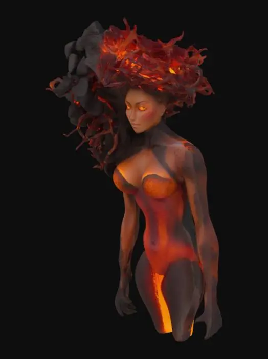3D model for [Hawaii]  fantasy woman made from with glowing orange eyes, hair made from red and black lava rock, bursting out from a volcano