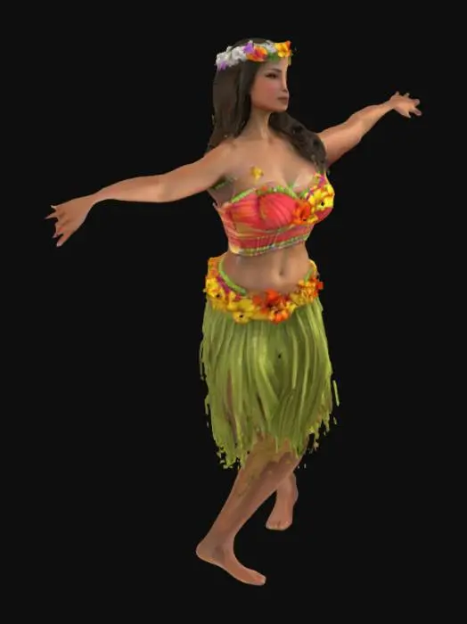 3D model for female hula dancer, A pose, elegant slender elaborated body, draped in hula dancer outfit, garland of flowers on her head, extremely detailed, high resolution texture,
