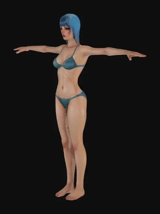 3D model for Malcolm Liepke art style, Adult gorgeous 
underwear woman with legs squared off, Highly Detailed, Full Body realistic, she has a short blue hair, the texture is clean and has no defects