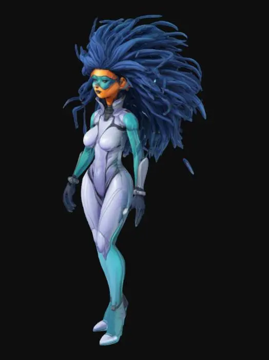 3D model for A cell-shaded comic book character, cell-shaded with thick black hand drawn lines and bold colors, realistic but stylized proportions, female, sci-fi