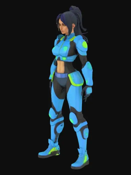 3D model for A cell-shaded comic book character, cell-shaded with thick black hand drawn lines and bold colors, realistic but stylized proportions, female, sci-fi