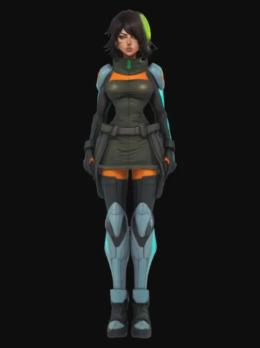 3D model for A cell-shaded comic book character, cell-shaded with thick black hand drawn lines and bold colors, realistic but stylized proportions, female, sci-fi