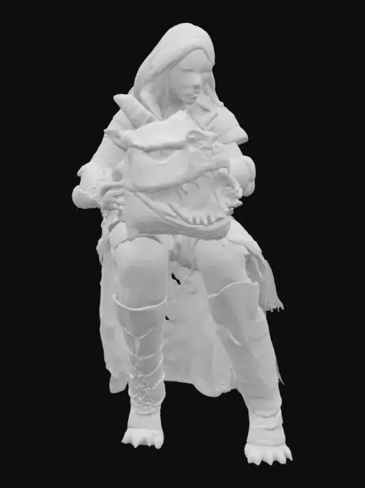 3D model for A fiery-haired woman battles a dragon under the bright daylight, her freckled face set in fierce determination as she pulls the beast’s jaws apart. The striking contrast of her medieval gear against the dragon's rugged, scaly hide highlights the intense struggle, framed by a soft cloud-filled sky and bathed in gentle, directional light.