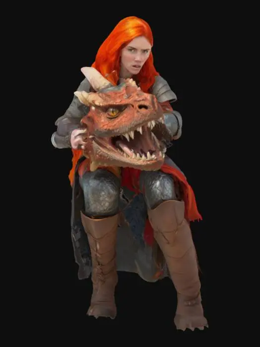 3D model for A fiery-haired woman battles a dragon under the bright daylight, her freckled face set in fierce determination as she pulls the beast’s jaws apart. The striking contrast of her medieval gear against the dragon's rugged, scaly hide highlights the intense struggle, framed by a soft cloud-filled sky and bathed in gentle, directional light.