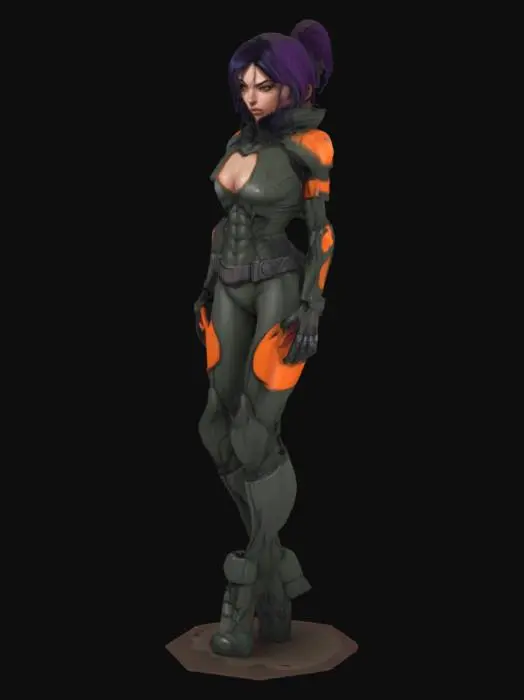 3D model for A cell-shaded comic book character, cell-shaded with thick black hand drawn lines and bold colors, realistic but stylized proportions, female, sci-fi