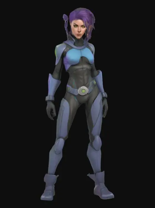 3D model for A cell-shaded comic book character, cell-shaded with thick black hand drawn lines and bold colors, realistic but stylized proportions, female, sci-fi