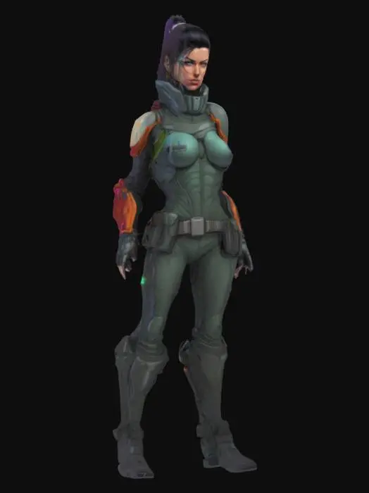 3D model for A cell-shaded comic book character, cell-shaded with thick black hand drawn lines and bold colors, realistic but stylized proportions, female, sci-fi