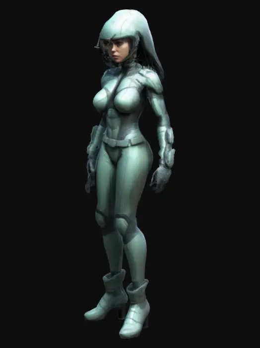 3D model for A cell-shaded comic book character, cell-shaded with thick black hand drawn lines and bold colors, unrealistic and stylized proportions, female, sci-fi