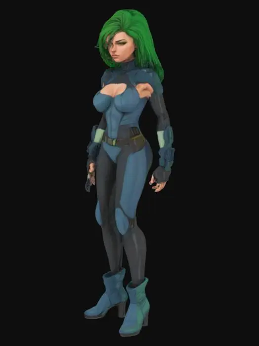 3D model for A cell-shaded comic book character, cell-shaded with thick black hand drawn lines and bold colors, unrealistic and stylized proportions, female, sci-fi