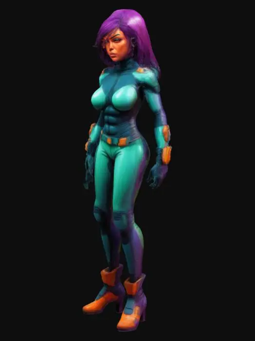 3D model for A cell-shaded comic book character, cell-shaded with thick black hand drawn lines and bold colors, unrealistic and stylized proportions, female, sci-fi