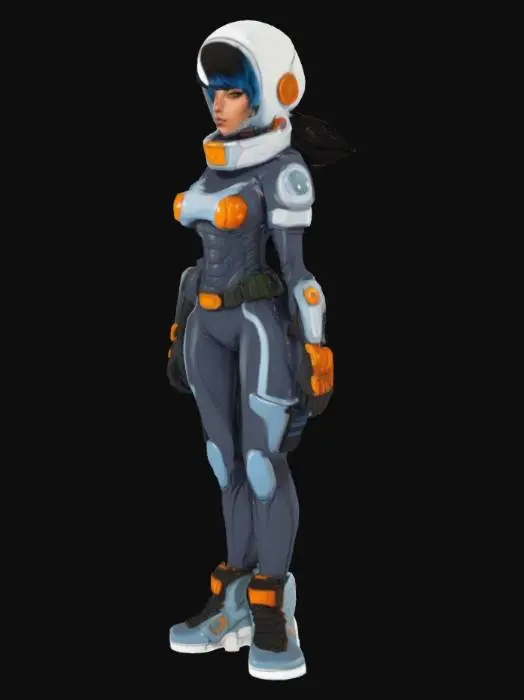 3D model for A cell-shaded comic book character, cell-shaded with thick black hand drawn lines and bold colors, unrealistic and stylized proportions, female, sci-fi
