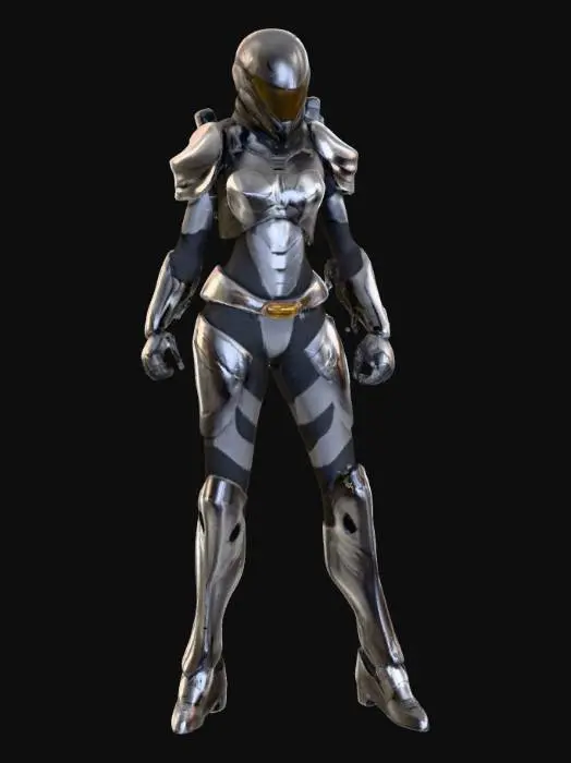 3D model for sci-fi attractive Woman mercenary wearing  Rimsenal Jotun power armor in an a pose, highly detailed