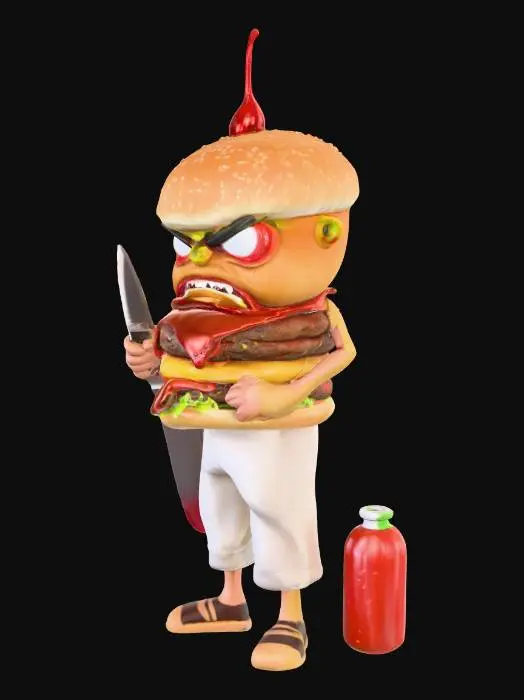 3D model for ANGRY BURGER. SO ANGRY. HAS A KNIFE. RED KETCHUP EVERYWHERE. AHHHGGGGG!!, #food#