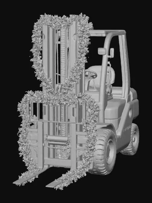 3D model for This PBR-ready model presents a heavy-duty forklift transformed into a festive marvel, painted a rich, velvety green accented with vibrant gold and crimson details, evoking traditional holiday decorations. The main body is a sturdy, polished metal, subtly reflecting ambient light. Intricate garland, complete with tiny frosted berries and glistening faux snow, wraps around the lift mechanism. The tires are dark, realistic rubber with subtle dirt and wear, while the cabin features a cozy, worn-leather seat, blending industrial power with holiday magic.