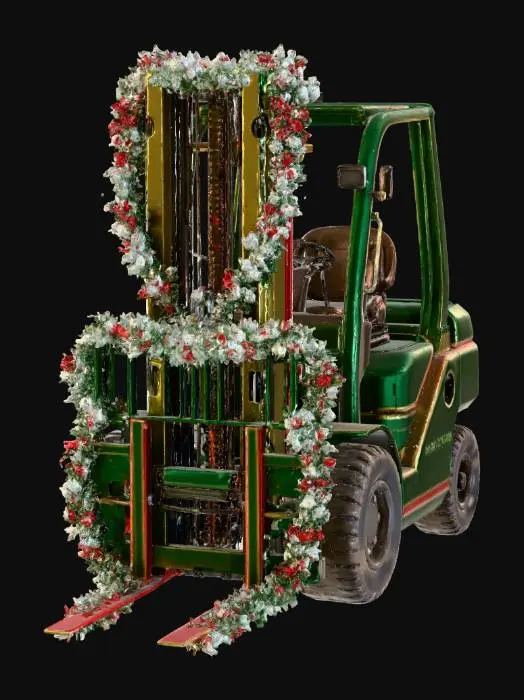 3D model for This PBR-ready model presents a heavy-duty forklift transformed into a festive marvel, painted a rich, velvety green accented with vibrant gold and crimson details, evoking traditional holiday decorations. The main body is a sturdy, polished metal, subtly reflecting ambient light. Intricate garland, complete with tiny frosted berries and glistening faux snow, wraps around the lift mechanism. The tires are dark, realistic rubber with subtle dirt and wear, while the cabin features a cozy, worn-leather seat, blending industrial power with holiday magic.