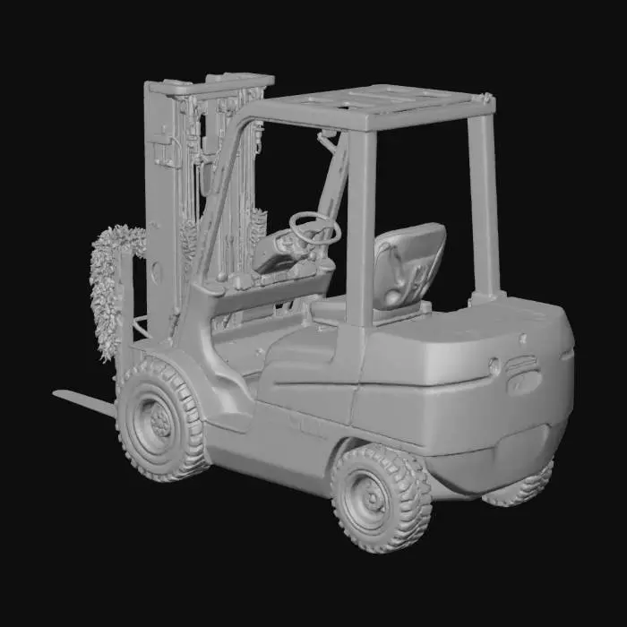 3D model for This PBR-ready model presents a heavy-duty forklift transformed into a festive marvel, painted a rich, velvety green accented with vibrant gold and crimson details, evoking traditional holiday decorations. The main body is a sturdy, polished metal, subtly reflecting ambient light. Intricate garland, complete with tiny frosted berries and glistening faux snow, wraps around the lift mechanism. The tires are dark, realistic rubber with subtle dirt and wear, while the cabin features a cozy, worn-leather seat, blending industrial power with holiday magic.