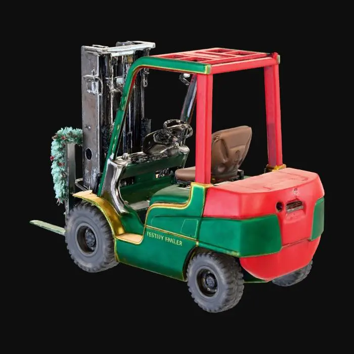 3D model for This PBR-ready model presents a heavy-duty forklift transformed into a festive marvel, painted a rich, velvety green accented with vibrant gold and crimson details, evoking traditional holiday decorations. The main body is a sturdy, polished metal, subtly reflecting ambient light. Intricate garland, complete with tiny frosted berries and glistening faux snow, wraps around the lift mechanism. The tires are dark, realistic rubber with subtle dirt and wear, while the cabin features a cozy, worn-leather seat, blending industrial power with holiday magic.