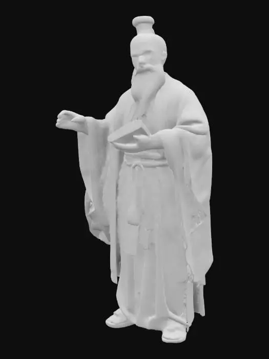 3D model for An ancient Chinese philosopher standing in a tranquil garden, dressed in flowing traditional robes with intricate embroidery. His long beard and wise eyes reflect deep contemplation as he holds a scroll in one hand. Behind him, a stone pagoda and blossoming plum trees create a serene atmosphere. The soft morning mist adds a mystical touch, rendered in hyper-realistic digital art with cinematic lighting.